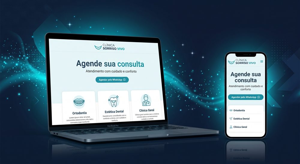 Exemplo de site de clínica odontológica em notebook e celular, com chamada para agendar consulta pelo WhatsApp